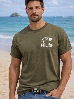 HiLife Designer 100% Cotton Green with White & Brown Short Sleeve Tee Size Med